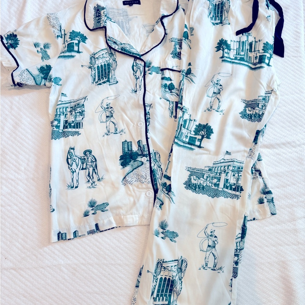 Women’s White & Teal Printed Pajama Set with Navy Trim